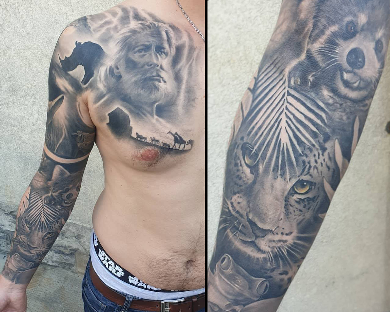 Tatouage realiste animaux portrait noir et gris manchette