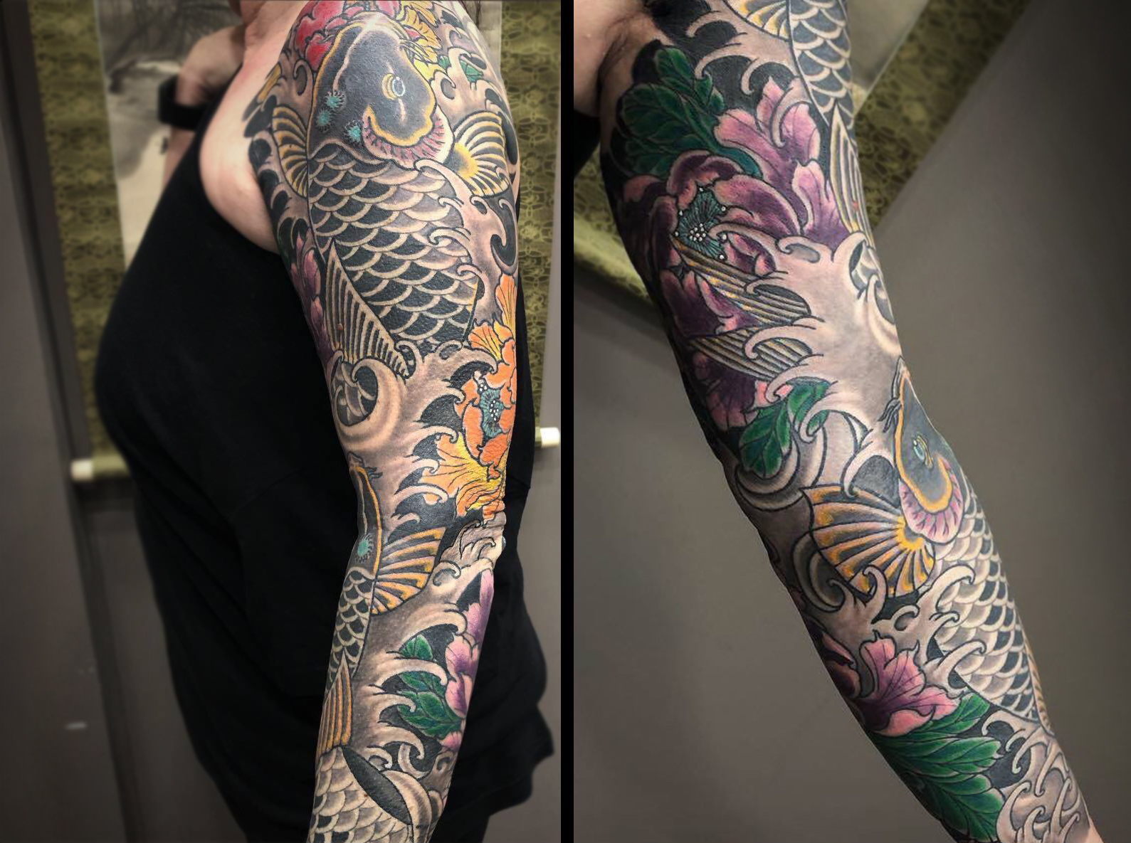 Tatouage japonais fleurs carpe koi noir et gris couleurs