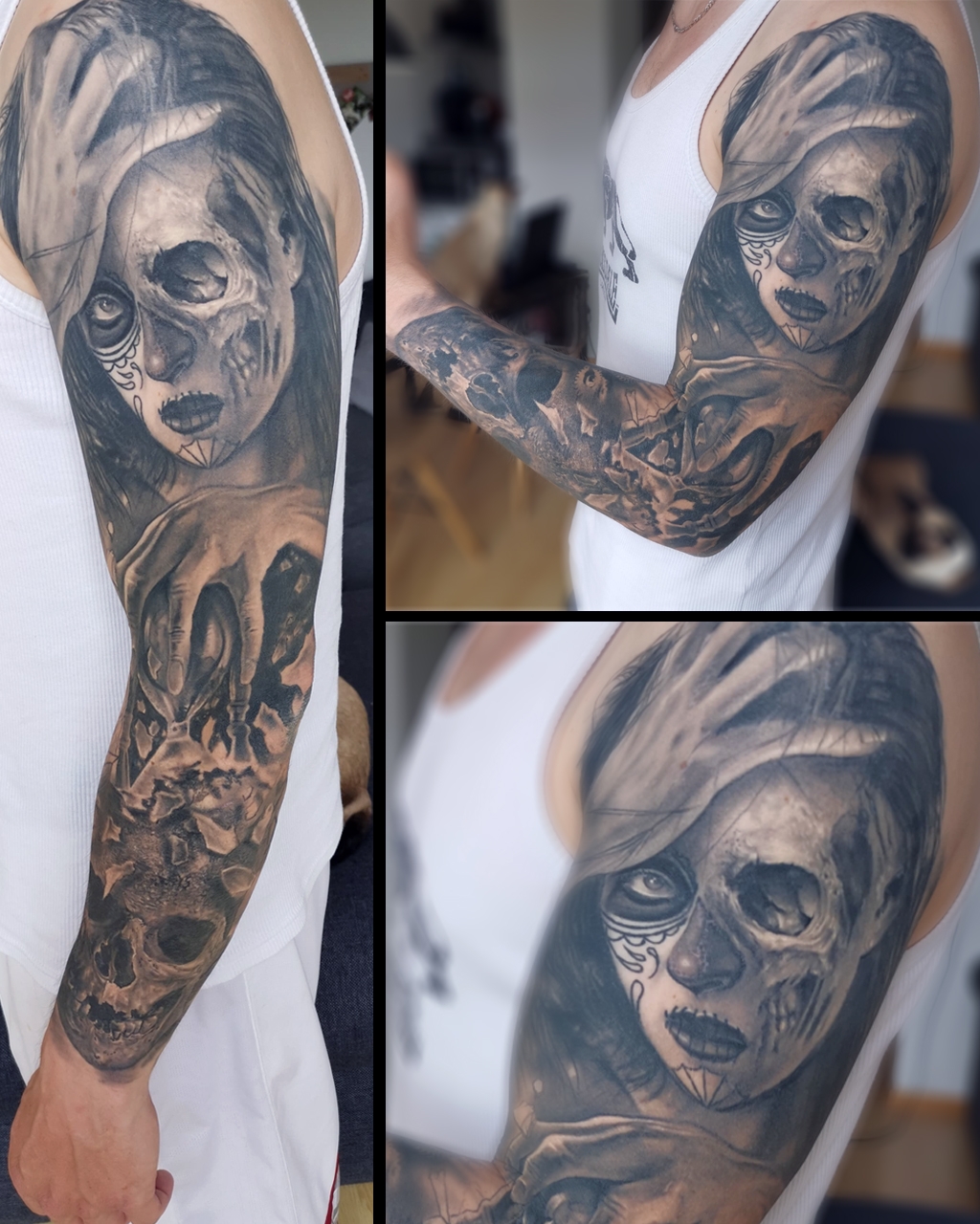 Manchette tatouage noir et gris portrait catrina skull realiste